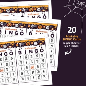 Peut inclure: Vingt cartes de bingo d'Halloween imprimables, deux par feuille, mesurant 12,7 par 17,8 cm. Chaque carte pr&eacute;sente un design sur le th&egrave;me d'Halloween avec des couleurs orange, noir et blanc. Les cartes sont num&eacute;rot&eacute;es de 1 &agrave; 30, avec un espace libre au centre.