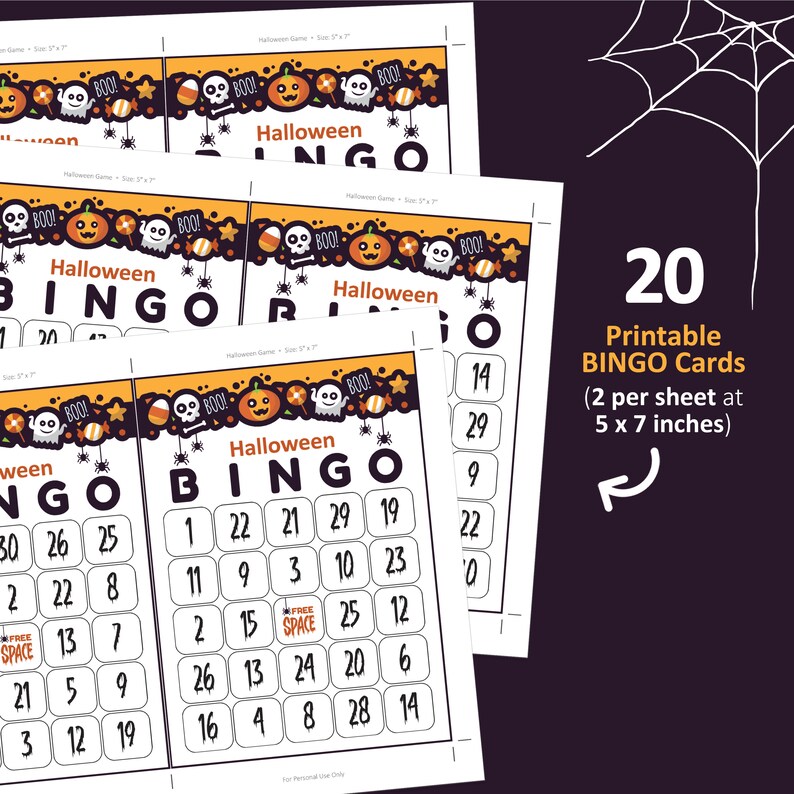Peut inclure: Vingt cartes de bingo d'Halloween imprimables, deux par feuille, mesurant 12,7 par 17,8 cm. Chaque carte pr&eacute;sente un design sur le th&egrave;me d'Halloween avec des couleurs orange, noir et blanc. Les cartes sont num&eacute;rot&eacute;es de 1 &agrave; 30, avec un espace libre au centre.