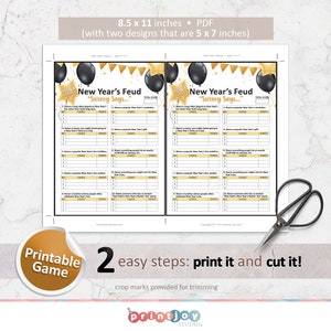 May include: Printable New Year's Feud game with two designs. The game features a black and gold colour scheme with balloons and banners. The game is 8.5 x 11 inches and can be printed and cut into two 5 x 7 inch cards.