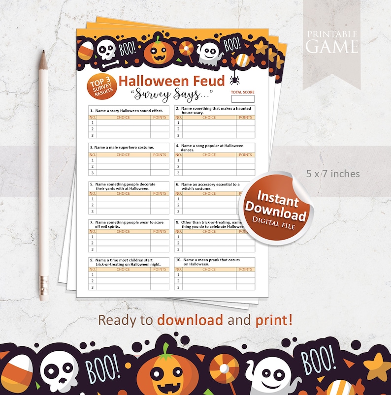 May include: Printable Halloween Feud game with a spooky theme. The game includes 10 questions with multiple choice answers. The game is designed for 5x7 inches.