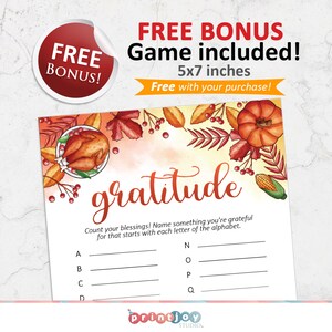 May include: A 12.7 x 17.8 cm gratitude game card featuring a watercolour illustration of a roasted turkey, pumpkin, corn, and autumn leaves. The text reads: gratitude, Count your blessings! Name something you're grateful for that starts with each letter of the alphabet.