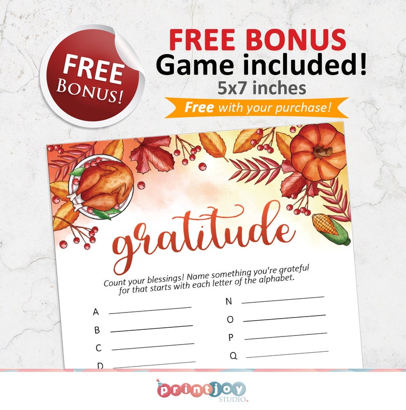 May include: A 12.7 x 17.8 cm gratitude game card featuring a watercolour illustration of a roasted turkey, pumpkin, corn, and autumn leaves. The text reads: gratitude, Count your blessings! Name something you're grateful for that starts with each letter of the alphabet.
