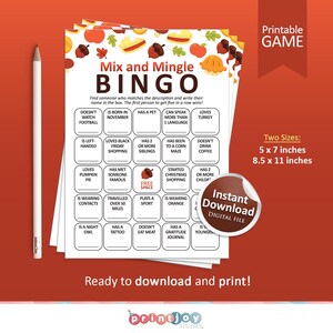 May include: A printable bingo game card with a fall theme. The card has a title that says "Mix and Mingle Bingo". The card has 25 squares with different prompts for players to find people who match the descriptions. The card is designed with a fall theme and has images of pumpkins, leaves, and acorns.
