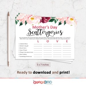 May include: Mother's Day Scattergories game cards, 12.7 x 17.8 cm, with floral accents. The cards feature prompts to fill in words starting with L, O, V, and E. The text "Ready to download and print!" is also included.