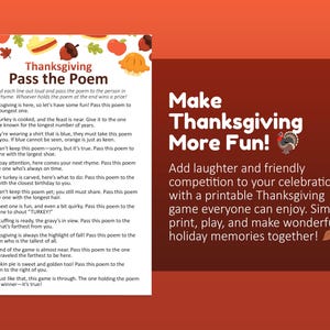 May include: A printable Thanksgiving Pass the Poem game sheet featuring a numbered list of thirteen rhyming instructions, decorated with autumn-themed illustrations of acorns, leaves, and pies, alongside text promoting the game's fun activities.