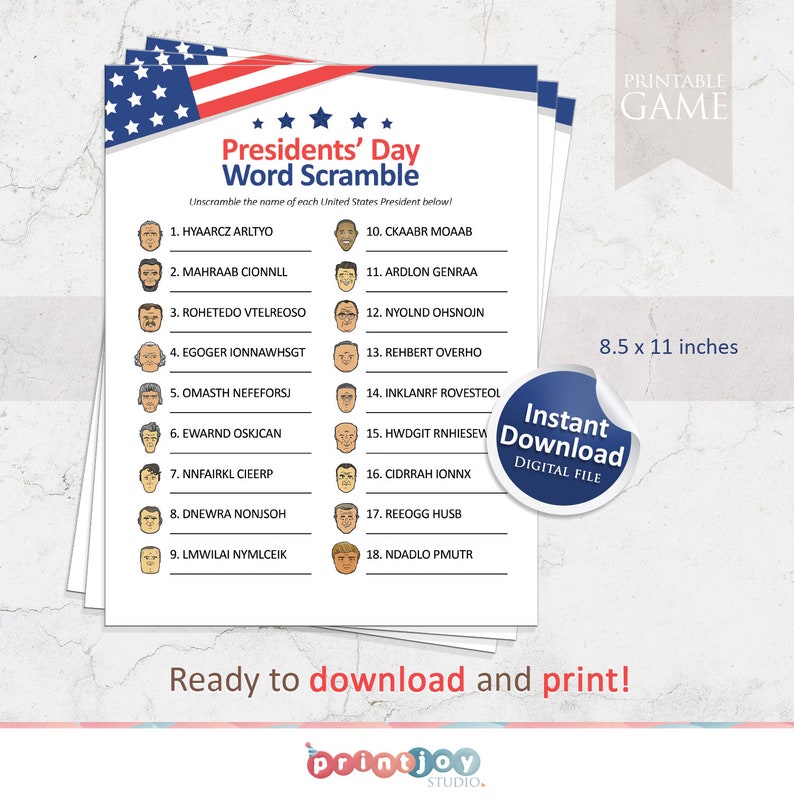 Presidents day game, US presidents game, printable games, adult games, kids games, president learning game, Presidential game image 3