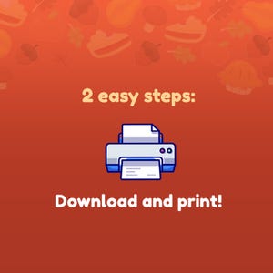 Puede incluir: Ilustraci&oacute;n de una impresora con el texto "2 pasos f&aacute;ciles: &iexcl;Descarga e imprime!" sobre un fondo rojo con un patr&oacute;n de hojas de oto&ntilde;o, calabazas y tartas.
