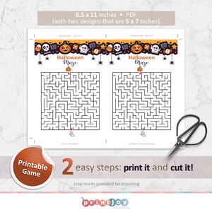 May include: Printable Halloween maze game with two designs. Each maze features a ghost and pumpkin. The game is 8.5 inches by 11 inches and includes two 5 inch by 7 inch mazes.
