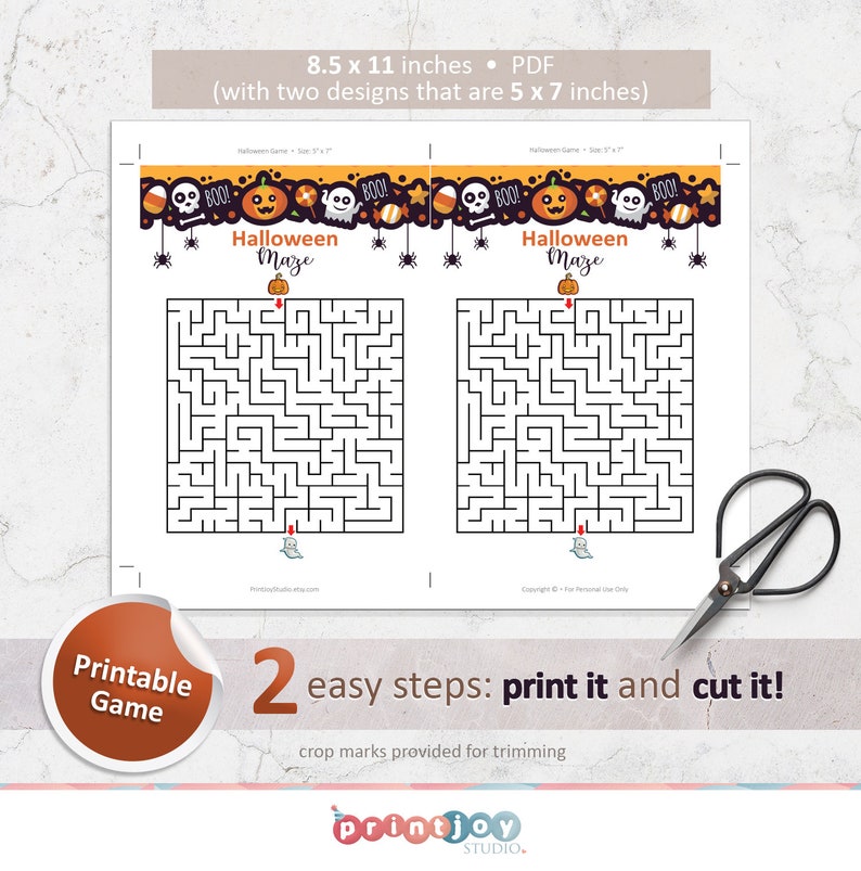May include: Printable Halloween maze game with two designs. Each maze features a ghost and pumpkin. The game is 8.5 inches by 11 inches and includes two 5 inch by 7 inch mazes.