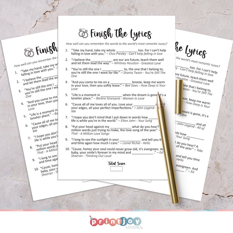 May include: A printable game card with the title "Finish the Lyrics". The card features a list of song lyrics with blanks for players to fill in the missing words. The game is designed to test players' knowledge of popular love songs.