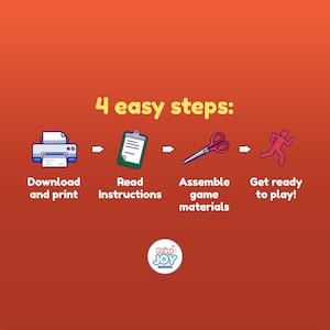 May include: An orange graphic with the text 4 easy steps: followed by four icons representing the process: a printer, a clipboard, scissors, and a running figure. Below each icon are the labels Download and print, Read Instructions, Assemble game materials, and Get ready to play!. A circular Print Joy logo is at the bottom.