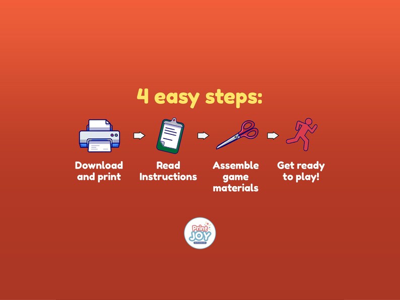 May include: An orange graphic with the text 4 easy steps: followed by four icons representing the process: a printer, a clipboard, scissors, and a running figure. Below each icon are the labels Download and print, Read Instructions, Assemble game materials, and Get ready to play!. A circular Print Joy logo is at the bottom.
