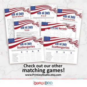 May include: A set of printable 4th of July games featuring red, white, and blue American flag designs. The games include word search, trivia, a-to-z, word scramble, map game, and scattergories.