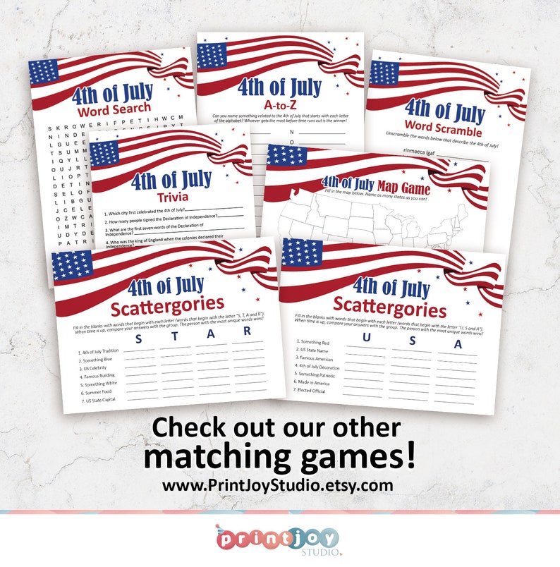 May include: A set of printable 4th of July games featuring red, white, and blue American flag designs. The games include word search, trivia, a-to-z, word scramble, map game, and scattergories.