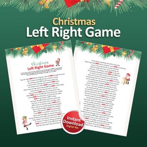 May include: A printable Christmas game for children. The game features a red and white background with a Christmas tree and Santa Claus. The text on the page reads "Christmas Left Right Game".