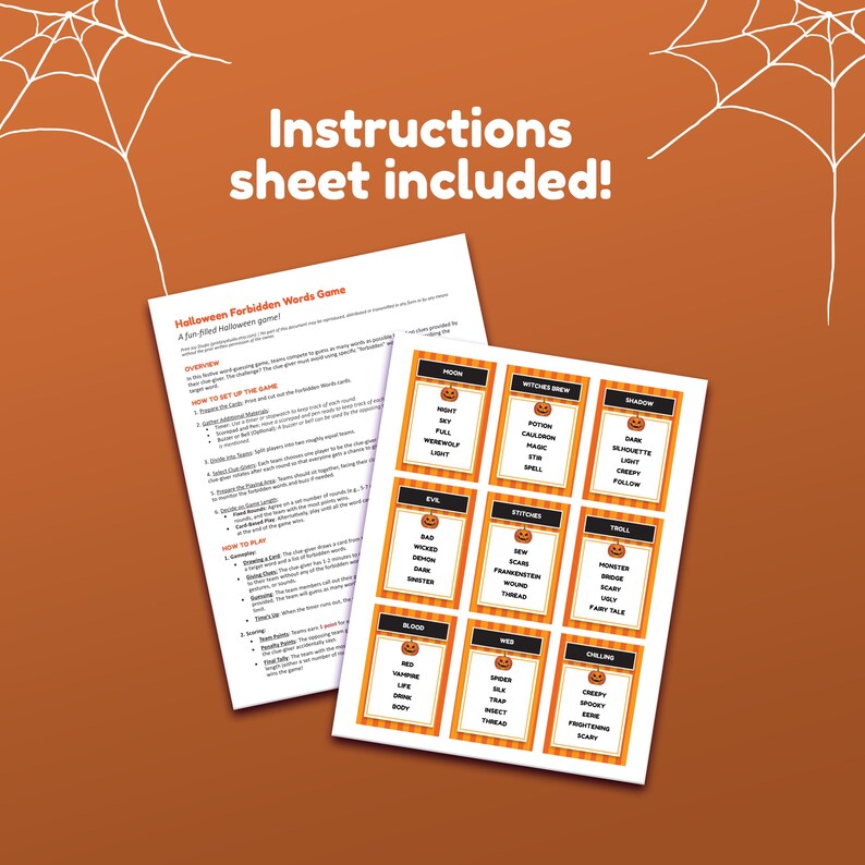 May include: Halloween Forbidden Words Game, a fun-filled Halloween game with instructions included. The game includes cards with Halloween-themed words like "moon", "witch's brew", "shadow", "evil", "stitches", "troll", "blood", "web", and "chilling".