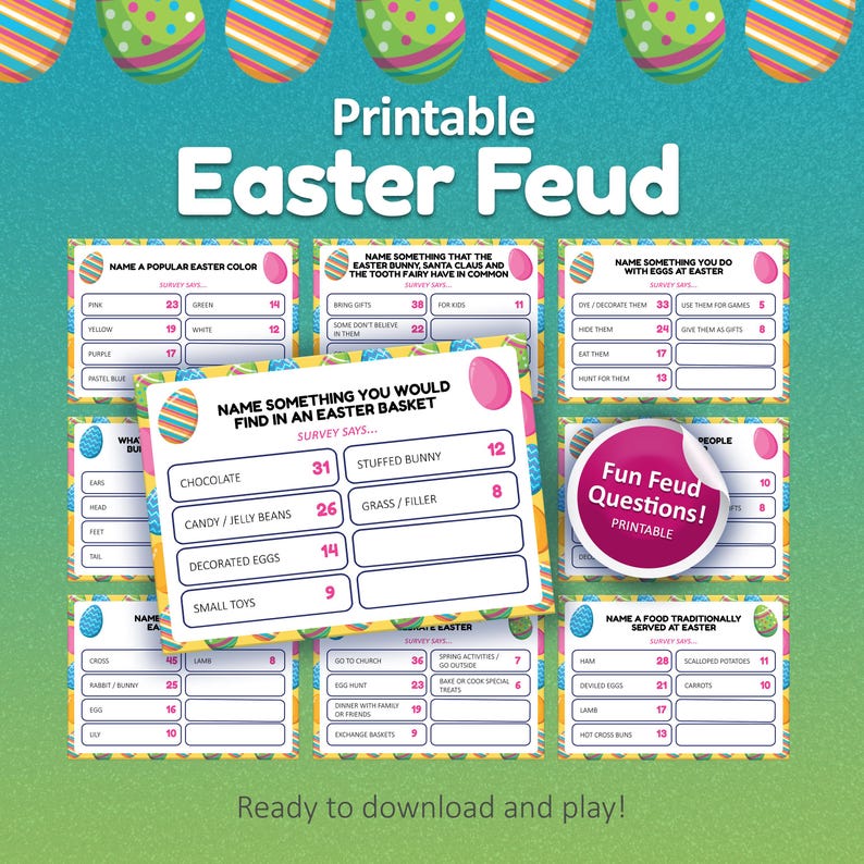 May include: Printable Easter Feud game with colorful Easter egg graphics. The game includes various question cards about Easter traditions and activities, such as popular Easter colors and foods. Ready to download and play!