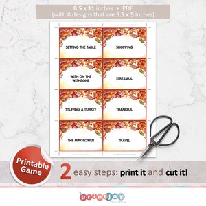 May include: A printable PDF sheet measuring 21.59 x 27.94 cm containing eight 8.89 x 12.7 cm cards with autumn-themed borders of pumpkins and leaves. The cards feature text including SETTING THE TABLE, SHOPPING, WISH ON THE WISHBONE, STRESSFUL, STUFFING A TURKEY, THANKFUL, THE MAYFLOWER, and TRAVEL.