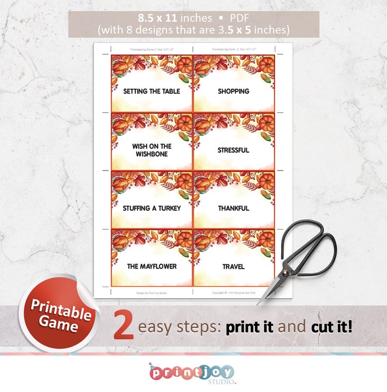 May include: A printable PDF sheet measuring 21.59 x 27.94 cm containing eight 8.89 x 12.7 cm cards with autumn-themed borders of pumpkins and leaves. The cards feature text including SETTING THE TABLE, SHOPPING, WISH ON THE WISHBONE, STRESSFUL, STUFFING A TURKEY, THANKFUL, THE MAYFLOWER, and TRAVEL.