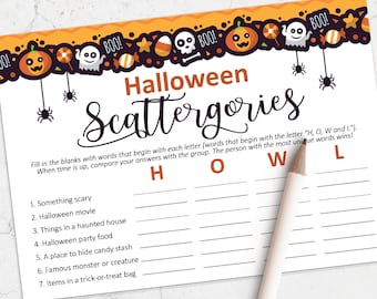 Juego de Halloween, juego de Scattergories, juegos imprimibles para fiestas de Halloween, imprimibles de Halloween, descarga instantánea