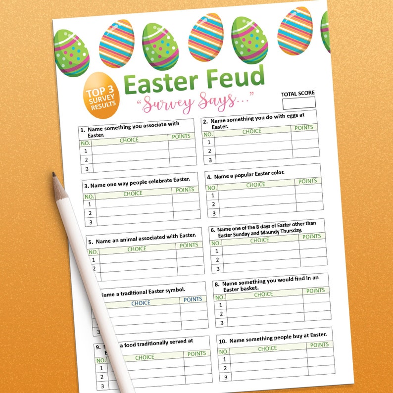 Puede incluir: Un juego imprimible de tem&aacute;tica pascual llamado "Easter Feud: Survey Says..." con una lista de preguntas y espacios para escribir las respuestas y los puntos. El juego presenta un dise&ntilde;o colorido con huevos de Pascua.