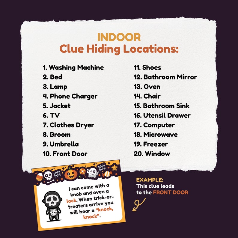 Puede incluir: Una lista de 20 lugares ocultos en el interior para un juego o una b&uacute;squeda del tesoro de Halloween. La lista incluye elementos como la lavadora, la cama, la l&aacute;mpara, el cargador de tel&eacute;fono, la chaqueta, la televisi&oacute;n, la secadora de ropa, la escoba, el paraguas, la puerta principal, los zapatos, el espejo del ba&ntilde;o, el horno, la silla, el lavabo del ba&ntilde;o, el caj&oacute;n de los cubiertos, la computadora, el microondas, el congelador y la ventana. Se proporciona un ejemplo de pista: "Esta pista lleva a la PUERTA PRINCIPAL."