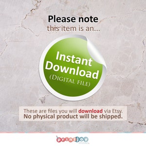 Puede incluir: C&iacute;rculo verde con el texto "Descarga instant&aacute;nea (ARCHIVO DIGITAL)" sobre un fondo blanco. El texto "Tenga en cuenta que este art&iacute;culo es un..." est&aacute; por encima del c&iacute;rculo. El texto "Estos son archivos que descargar&aacute; a trav&eacute;s de Etsy. No se enviar&aacute; ning&uacute;n producto f&iacute;sico." est&aacute; debajo del c&iacute;rculo. El texto "printjoy STUDIO." est&aacute; en la parte inferior de la imagen.