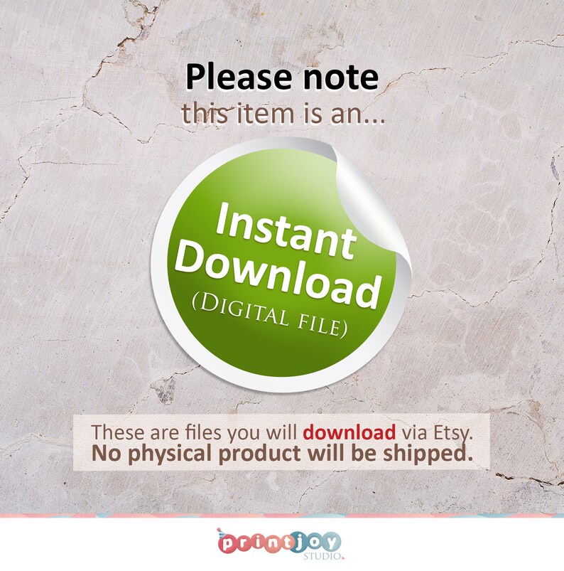 Puede incluir: C&iacute;rculo verde con el texto "Descarga instant&aacute;nea (ARCHIVO DIGITAL)" sobre un fondo blanco. El texto "Tenga en cuenta que este art&iacute;culo es un..." est&aacute; por encima del c&iacute;rculo. El texto "Estos son archivos que descargar&aacute; a trav&eacute;s de Etsy. No se enviar&aacute; ning&uacute;n producto f&iacute;sico." est&aacute; debajo del c&iacute;rculo. El texto "printjoy STUDIO." est&aacute; en la parte inferior de la imagen.