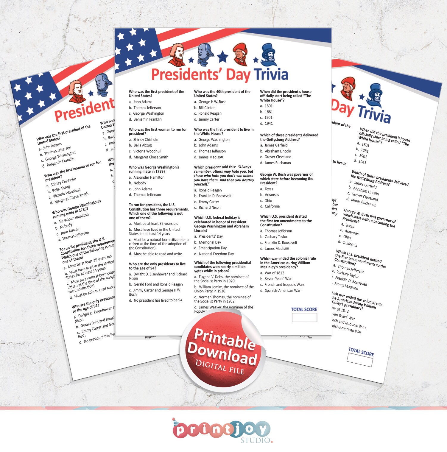 Presidents Day Trivia Game, Presidents Day Game, US Presidents Game, Printable Games, Adult Party Games, Presidential Learning Game - Etsy for Free Printable Presidents Day Trivia