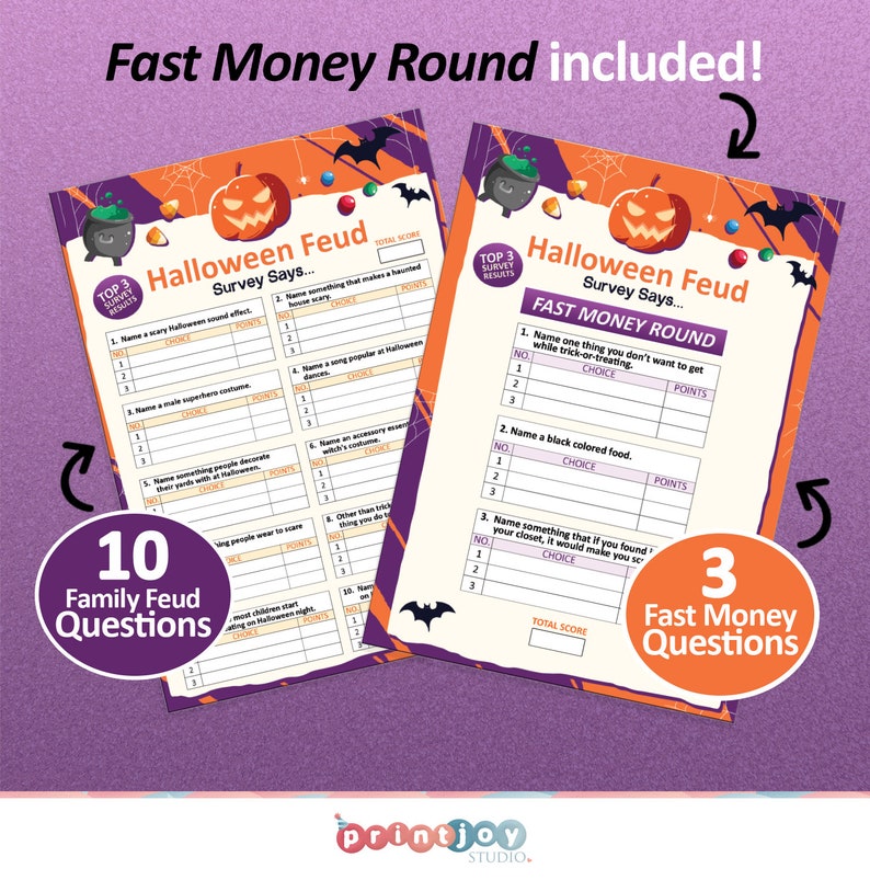 May include: Printable Halloween Feud game with 10 family feud questions and 3 fast money questions. The game features a pumpkin and cauldron design with a purple and orange color scheme.