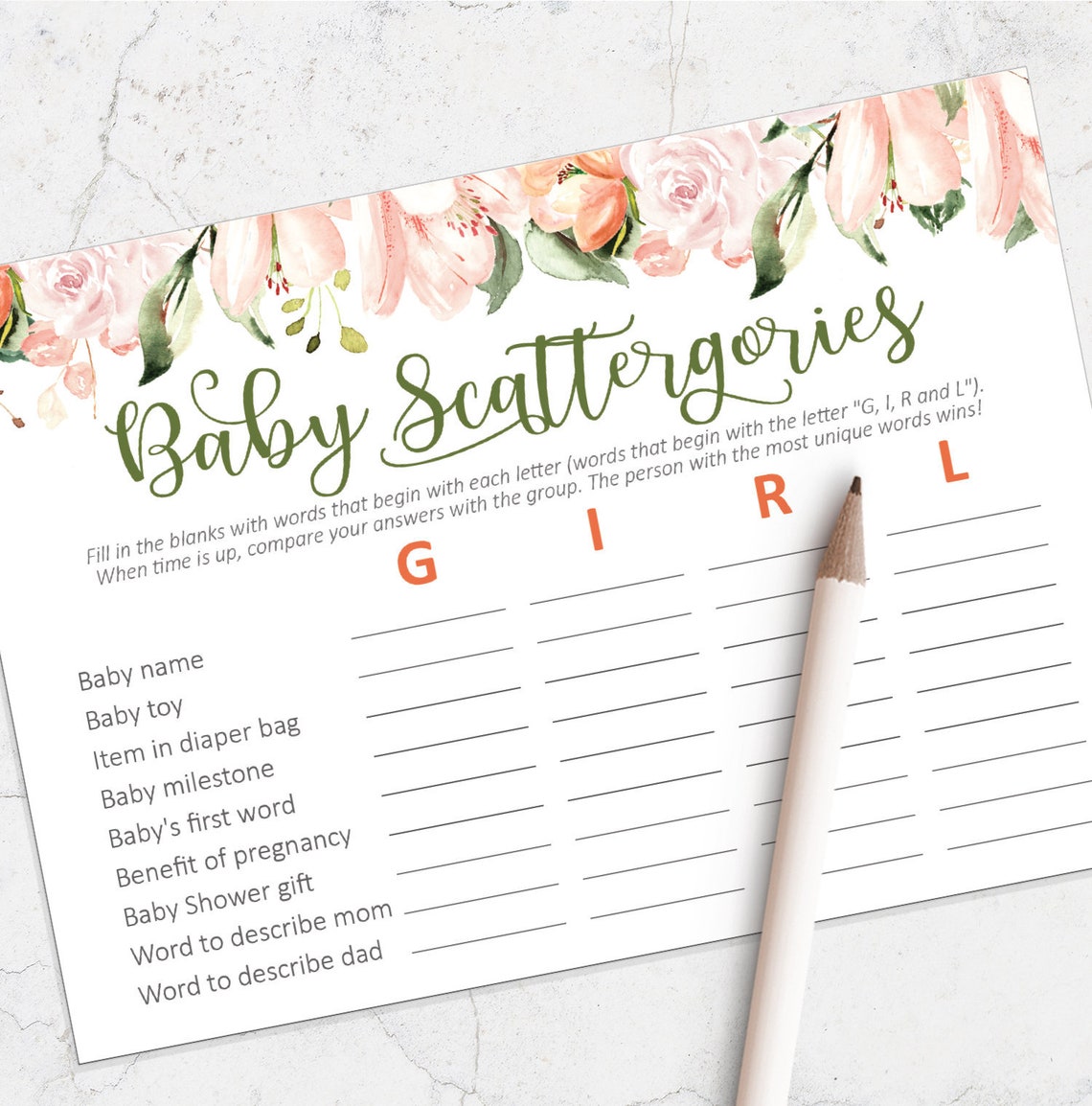 Baby Shower Scattergories Scattergories Game for girl baby | Etsy