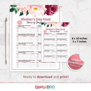 May include: Mother's Day Feud game in two sizes, 20 x 25 cm and 13 x 18 cm, with a floral design. The game includes survey questions and spaces for answers and points. The words "Instant Download" and "Digital File" are also visible.
