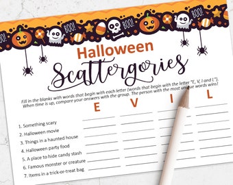 Halloween Scattergories game, Halloween game, Printable Halloween party games, Halloween printables
