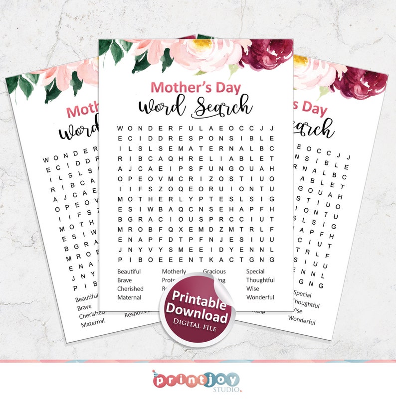 May include: Three Mother's Day word search puzzles with floral decorations. Each puzzle has a different word search grid and a list of words to find. A sticker reads "Printable Download DIGITAL FILE".
