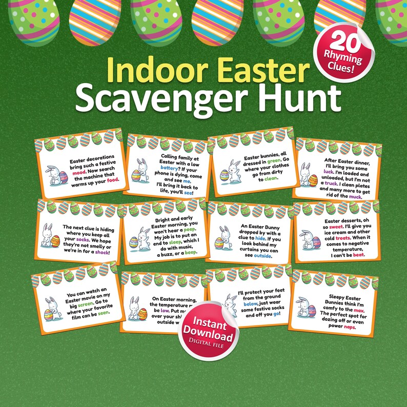 Puede incluir: Un conjunto de ocho tarjetas imprimibles con bordes naranjas e ilustraciones de conejos que sostienen huevos de Pascua. Las tarjetas presentan pistas que riman para una b&uacute;squeda del tesoro de Pascua en interiores. El texto en las tarjetas incluye frases como "Las decoraciones de Pascua aportan un ambiente festivo", "La siguiente pista se esconde donde guardas todos tus calcetines", "Llamar a la familia en Pascua con una bater&iacute;a baja", "Temprano en la ma&ntilde;ana de Pascua, no oir&aacute;s un p&iacute;o", "Los conejos de Pascua, todos vestidos de verde", "Un conejo de Pascua pas&oacute; con una pista para esconder", "Despu&eacute;s de la cena de Pascua, te traer&eacute; algo de suerte", "Los postres de Pascua, oh, qu&eacute; deliciosos", "Puedes ver una pel&iacute;cula de Pascua en mi gran pantalla", "En la ma&ntilde;ana de Pascua, la temperatura ser&aacute; baja", "Proteger&eacute; tus pies del suelo de abajo", y "Los conejos de Pascua dormidos piensan que soy muy c&oacute;modo".