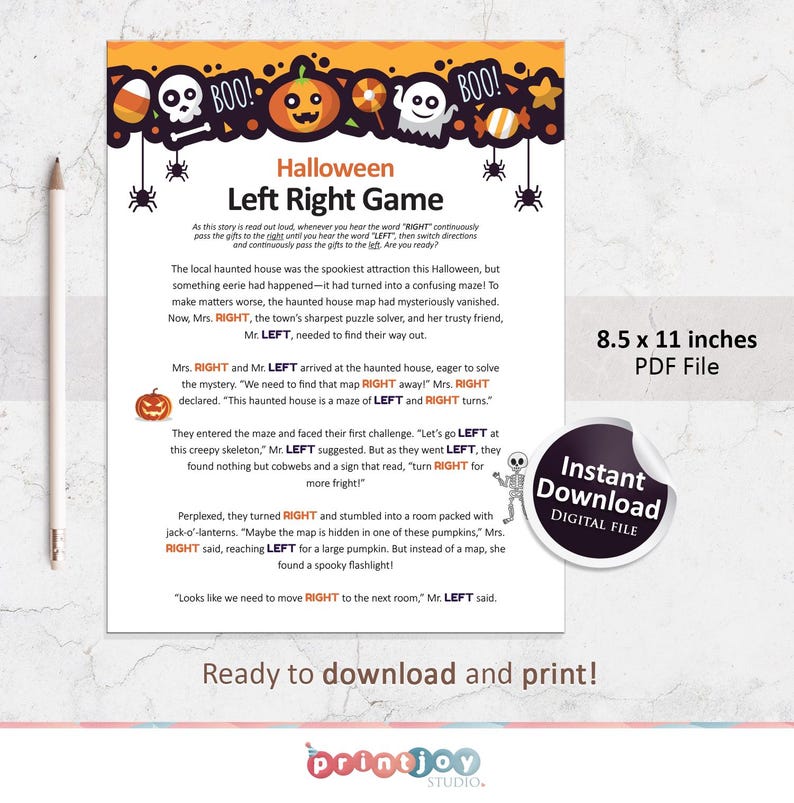 Op de afbeelding: Een printbaar Halloween-spel voor kinderen. Het spel heet "Left Right Game" en bevat een griezelig spookhuis-doolhof. Het spel is ontworpen voor papier van 8,5 x 11 inch.