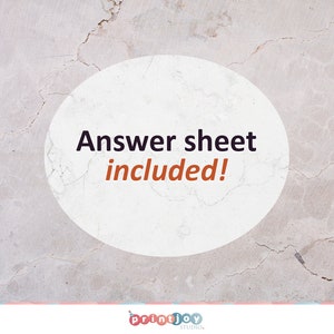 May include: A white circle with a cracked gray background. The text "Answer sheet included!" is written in black and orange.