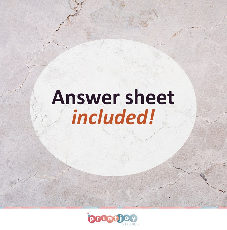 May include: A white circle with a cracked gray background. The text "Answer sheet included!" is written in black and orange.