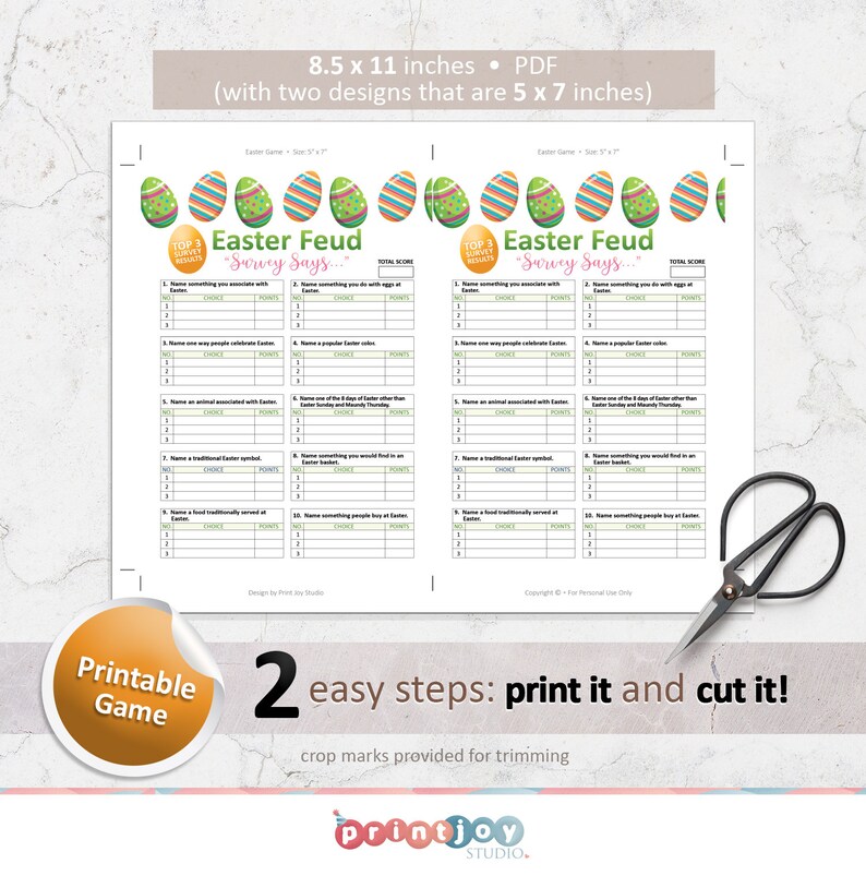 Puede incluir: Juego de Feudo de Pascua imprimible con dos dise&ntilde;os. Cada dise&ntilde;o presenta un borde de huevo colorido y una lista de preguntas para un juego de encuesta. El texto "Survey Says..." aparece en ambos dise&ntilde;os. El juego est&aacute; dise&ntilde;ado para ser impreso y recortado.