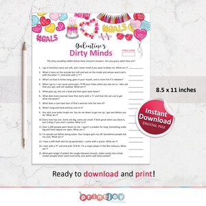 May include: A printable Galentine's Day game with the title "Dirty Minds". The game features 15 questions with a pink and red color scheme. The questions are designed to be funny and suggestive. The game is 8.5 inches by 11 inches.