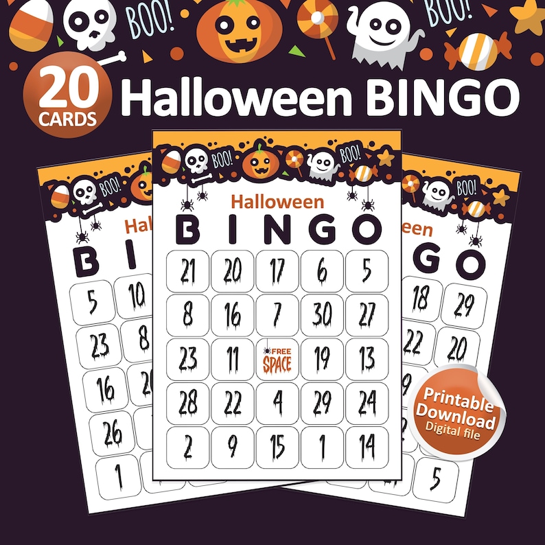 Peut inclure: Un jeu de bingo d'Halloween imprimable avec 20 cartes. La carte a une grille noire et blanche avec les num&eacute;ros 1 &agrave; 30. La carte a un espace libre au centre. La carte est d&eacute;cor&eacute;e de graphismes sur le th&egrave;me d'Halloween comme des fant&ocirc;mes, des citrouilles, du ma&iuml;s sucr&eacute; et des cr&acirc;nes.