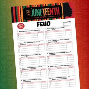 Juneteenth Feud game, Printable Juneteenth games, Juneteenth activity, Black history games, Juneteenth party, Juneteenth quiz, Party games