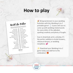 May include: A printable wedding game with the text "Would She Rather" and "Wedding A-to-Z." The game includes a list of choices and instructions. The image also features the "Print Joy" logo and decorative flowers.