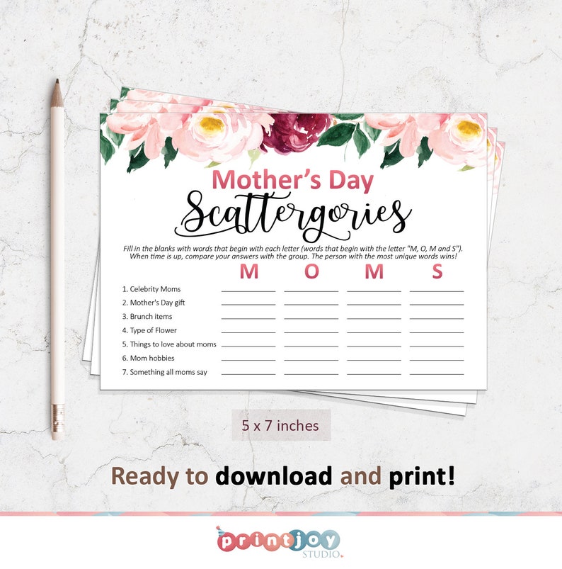 May include: Mother's Day Scattergories game sheets, measuring 12.7 x 17.8 cm, with floral decorations. The game prompts players to fill in blanks with words starting with M, O, M, and S. Text reads "Ready to download and print!"