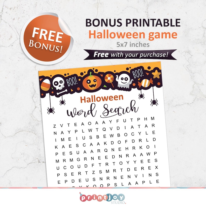 May include: A printable Halloween word search game with a black and orange border. The game features a variety of Halloween icons, including a ghost, a pumpkin, candy corn, and a skull. The word search puzzle is on a white background with black text. The text "Halloween Word Search" is written in black cursive font. The game is 5x7 inches.
