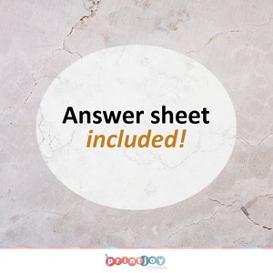 May include: A white circle with a cracked grey background. The text "Answer sheet included!" is written in black and gold text.