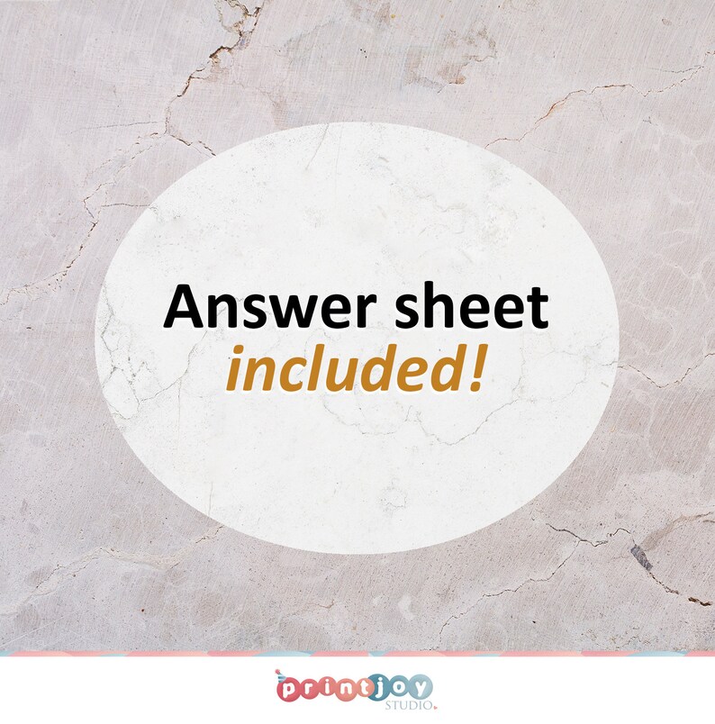 May include: A white circle with a cracked grey background. The text "Answer sheet included!" is written in black and gold text.