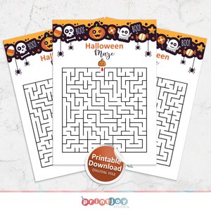 May include: Printable Halloween maze activity with a black and white maze and a pumpkin, ghost, candy corn, and spider border. The text "Halloween Maze" is at the top of the page. The text "Printable Download Digital File" is at the bottom of the page.