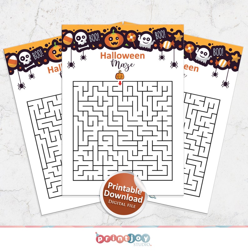 May include: Printable Halloween maze activity with a black and white maze and a pumpkin, ghost, candy corn, and spider border. The text "Halloween Maze" is at the top of the page. The text "Printable Download Digital File" is at the bottom of the page.