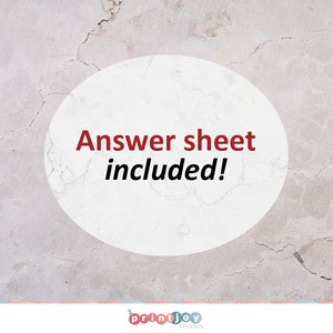 May include: A white oval shape centered on a light gray cracked stone background. The text "Answer sheet included!" is printed in the center in dark red and black. At the bottom, the logo "printjoy STUDIO" appears with a small party hat icon.